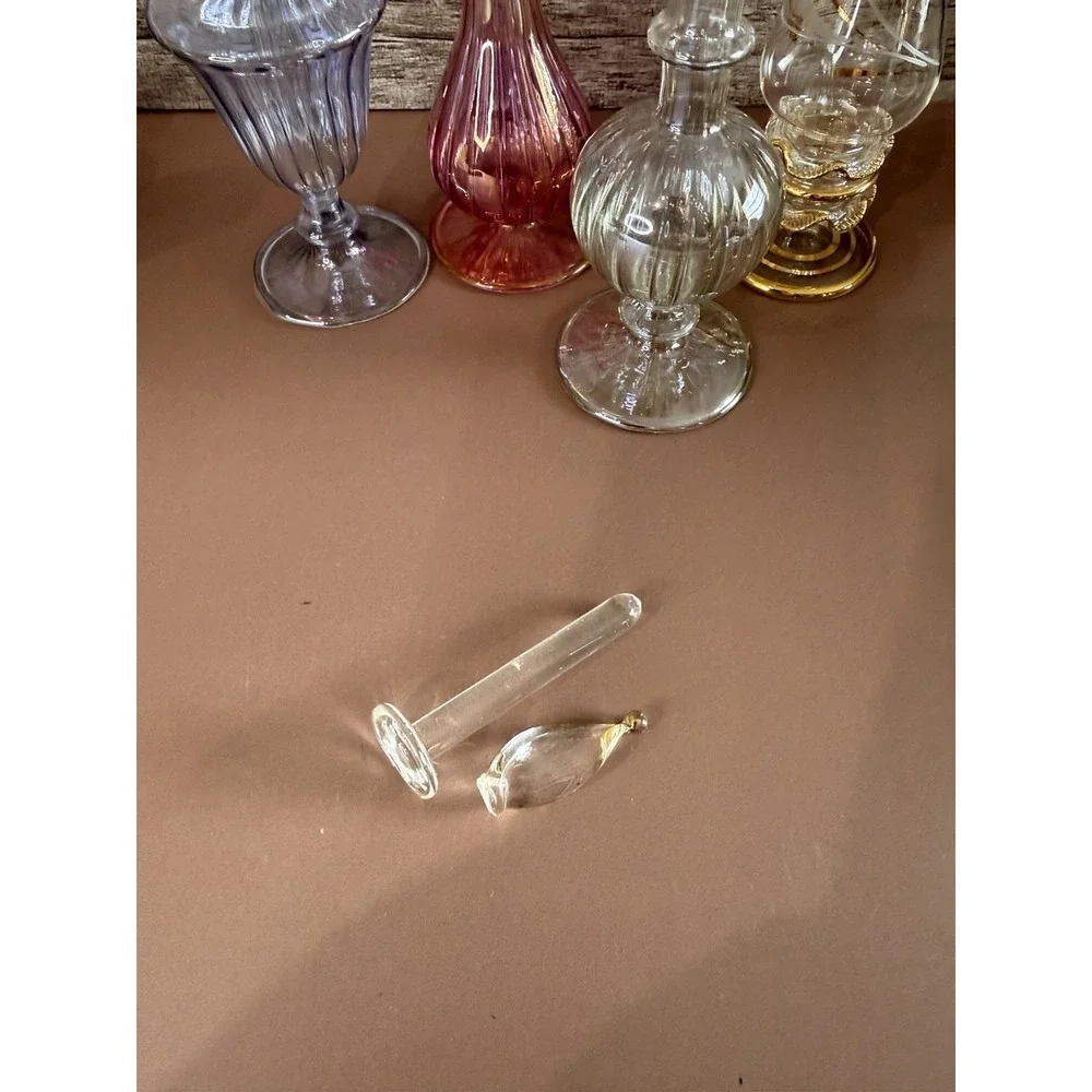 Vintage Egyptian Hand Blown Glass Perfume Bottle Set Etched SEE PICS